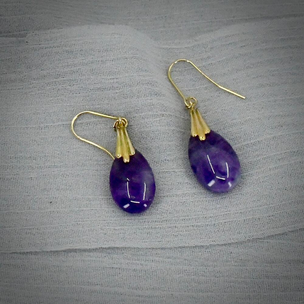Vintage 14K Gold Natural Amethyst Teardrop Dangle Earrings 35mm 3.13g Estate